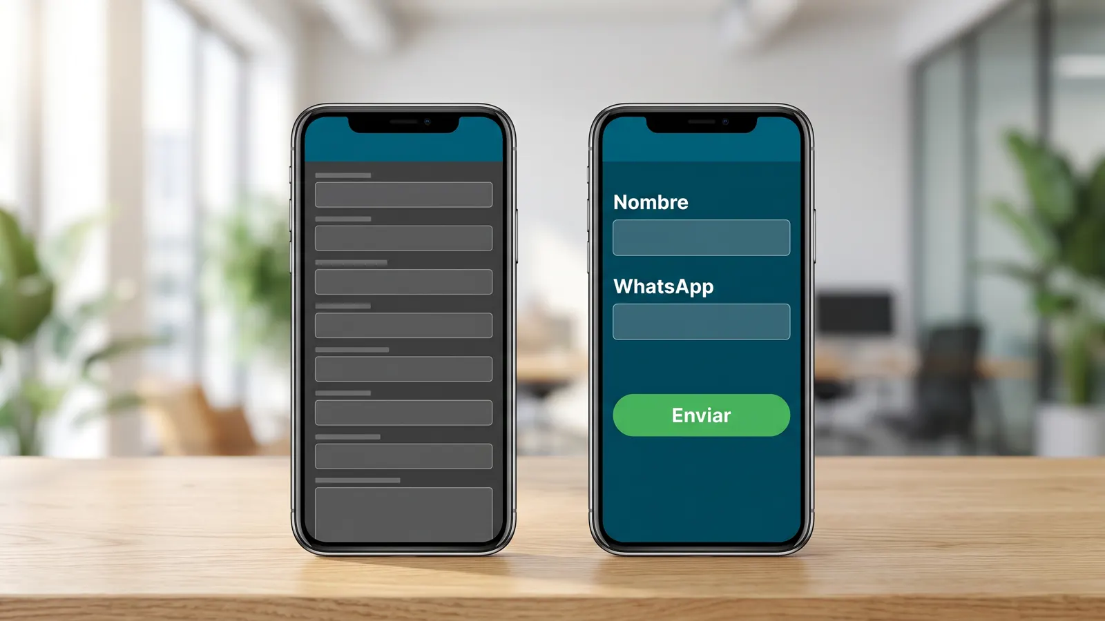 Dos celulares comparando un formulario de ocho campos con uno de nombre y WhatsApp