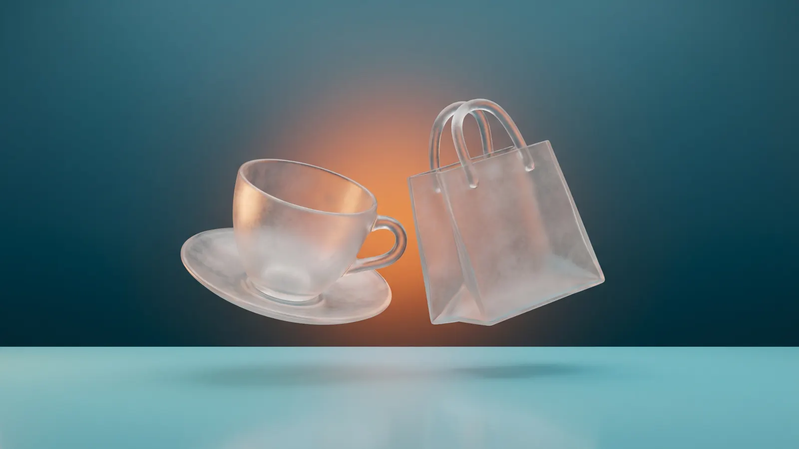 Taza de café y bolsa de compras de vidrio representando gastronomía y comercio de diseño