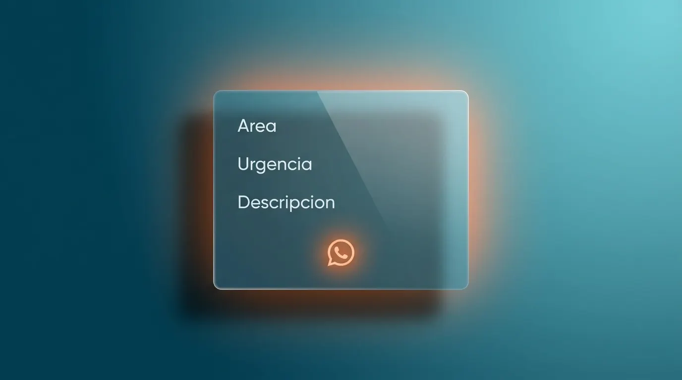 Formulario de consulta con área, urgencia y descripción, integrado con WhatsApp