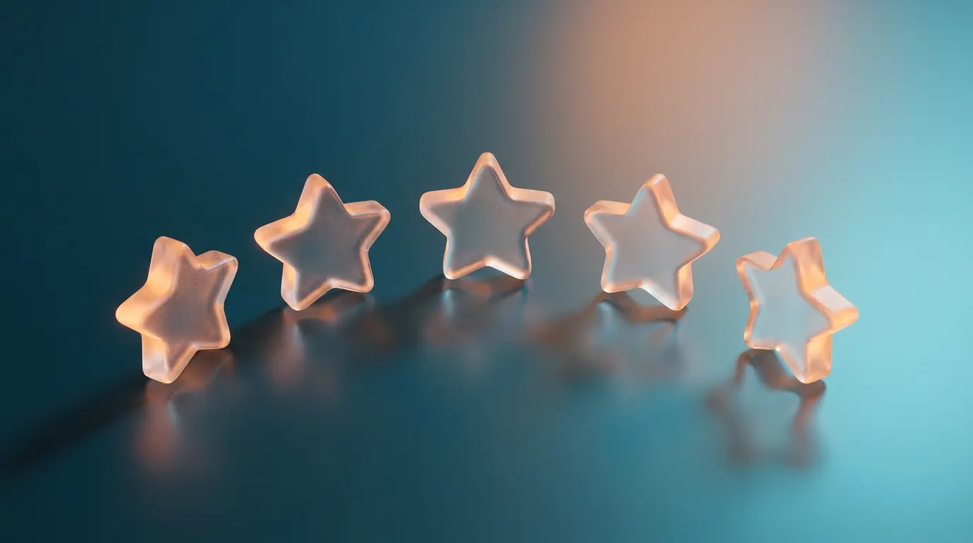 Cinco estrellas de vidrio representando las reseñas verificadas en Google