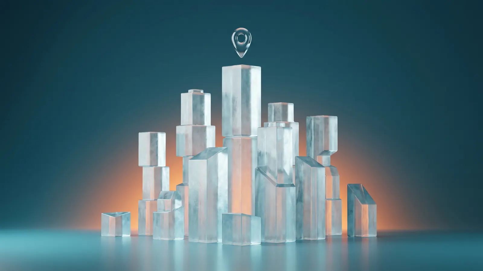 Edificios de vidrio con un pin de ubicación representando Capital Federal