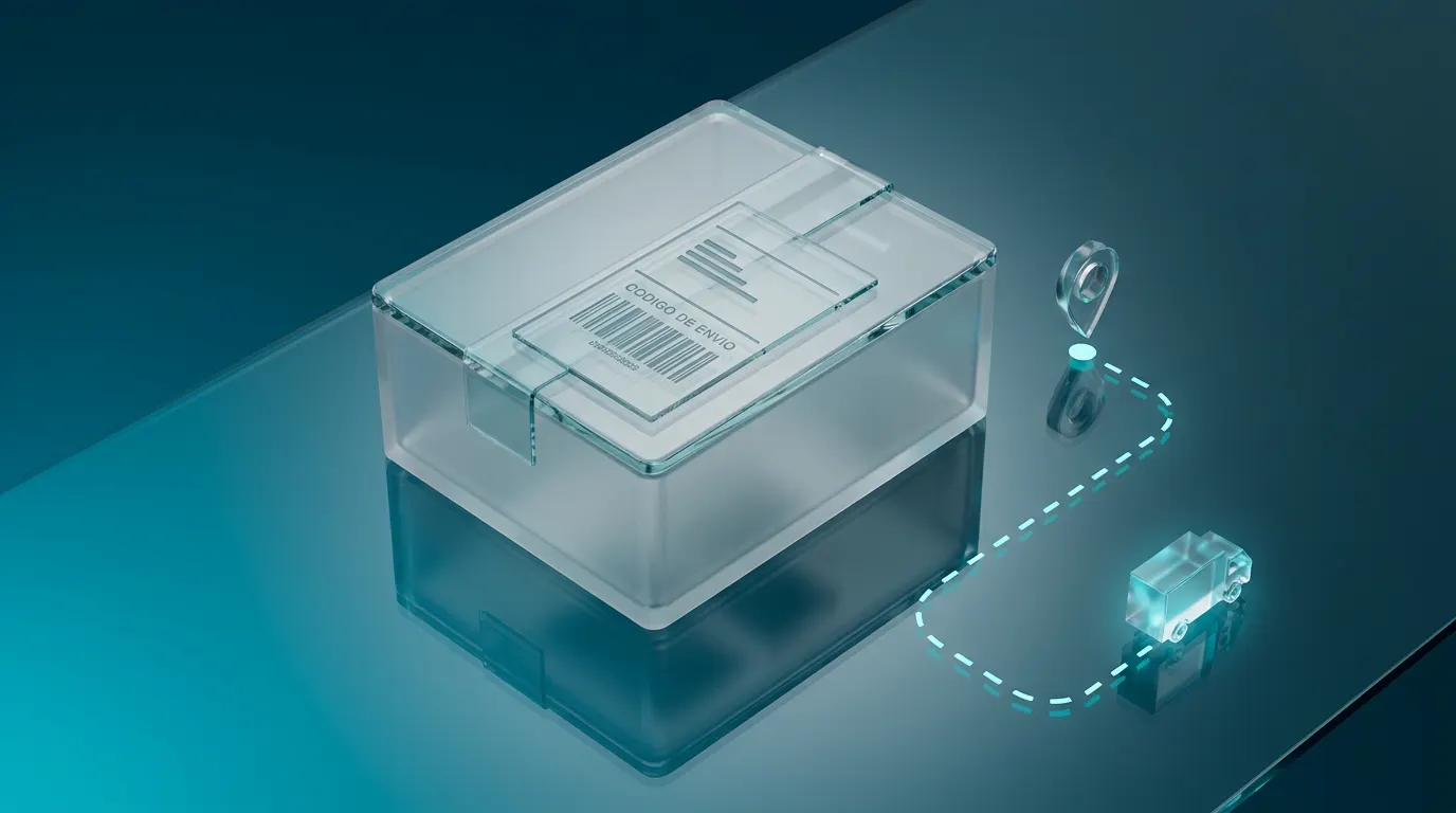 Paquete con código de envío y ruta de entrega calculada automáticamente