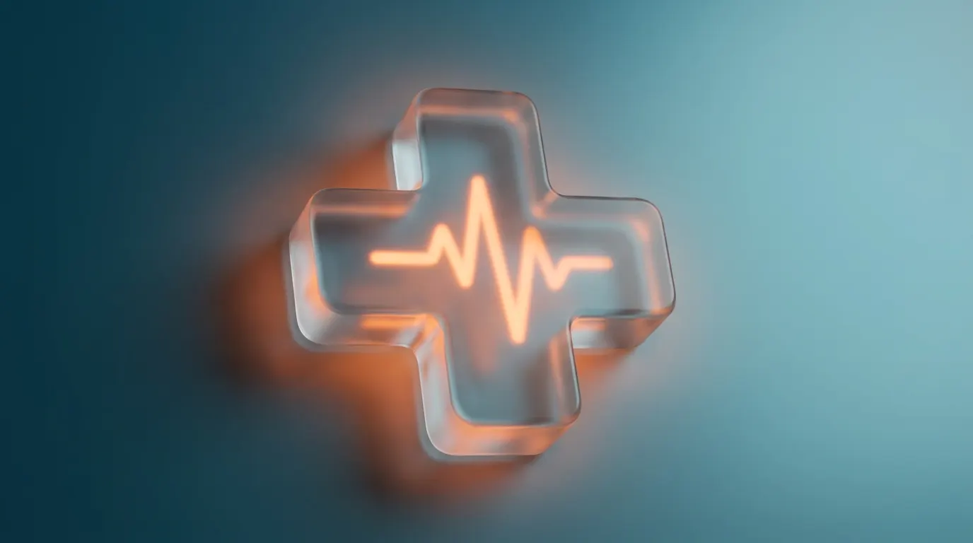 Cruz médica de vidrio con línea de pulso representando webs para clínicas y estética