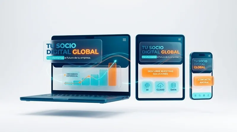 Mismo diseño web responsive mostrado en notebook, tablet y celular