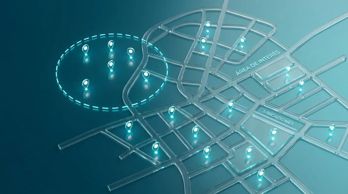Mapa con propiedades geolocalizadas y área de interés seleccionable