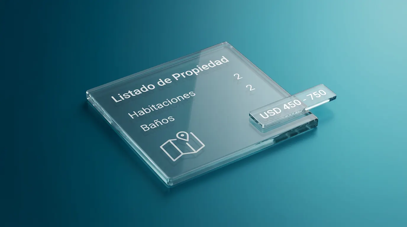 Listado de propiedad simple con habitaciones, baños y mapa
