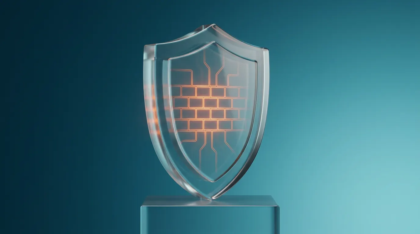 Escudo de vidrio con patrón de firewall representando la seguridad con Wordfence